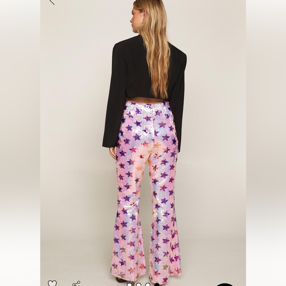 Nasty Gal Pink Purple Star Sequin Star HighRise Party Flare Pants US6 - Picture 12 of 13